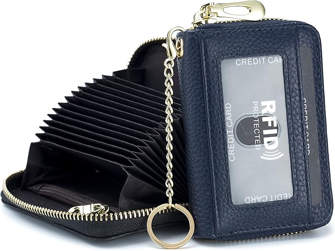 imeetu Rfid Credit Card Holder, Businese Card Case, Wallet for Women Men | Genuine Leather Card Wallet with id Window, Keychain & Double Zipper, Water-resistan Small Wallet with Gift Box, Daily Travel by imeetu