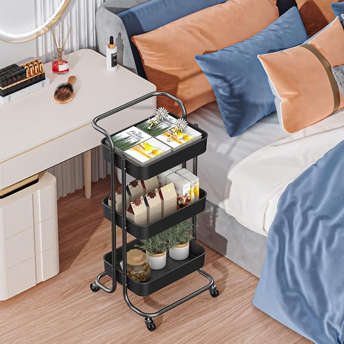 Sooyee 3 Tier Metal Utility Cart with Handle and Lockable Wheels, Black | Rolling Cart Multi-Functional Storage Cart for Office, School,Living Room, Kitchen, Bathroom, Bedroom,Laundry - Image 4
