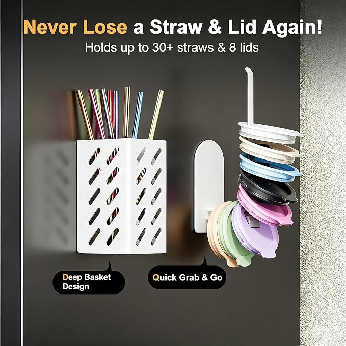 Magnetic Stanley Cup Holder for 8 Tumblers, Lid & Straw, 2-Pack, White | 2-pack magnetic holder for 8 Stanley 30/40 oz tumblers with lid & straw storage, secure fridge mount, white - Image 4