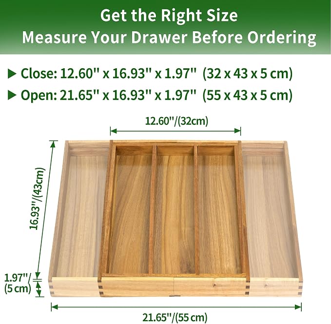 VaeFae Bamboo Drawer Organizer, Large, Acacia | Expandable Silverware Organizer, Kitchen Utensil Storage, Wooden Cutlery Tray with Dividers, Fork and Spoon Holder - Image 3