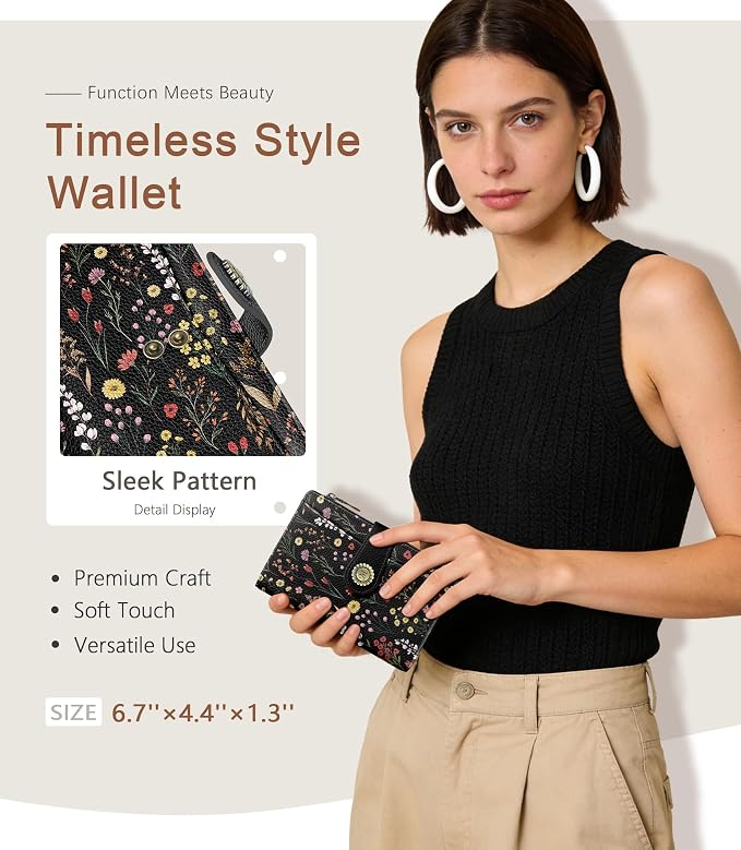 WildFlower Wallet Women RFID, Passport Holder, Credit Card Holder | 6.7" x 4.4" x 1.3" Bifold, Travel billfold, Zipper Pocket, PU Leather, Clutch, Purse, ID Window, Pen Holder, Gift Ladies Girl - Image 2