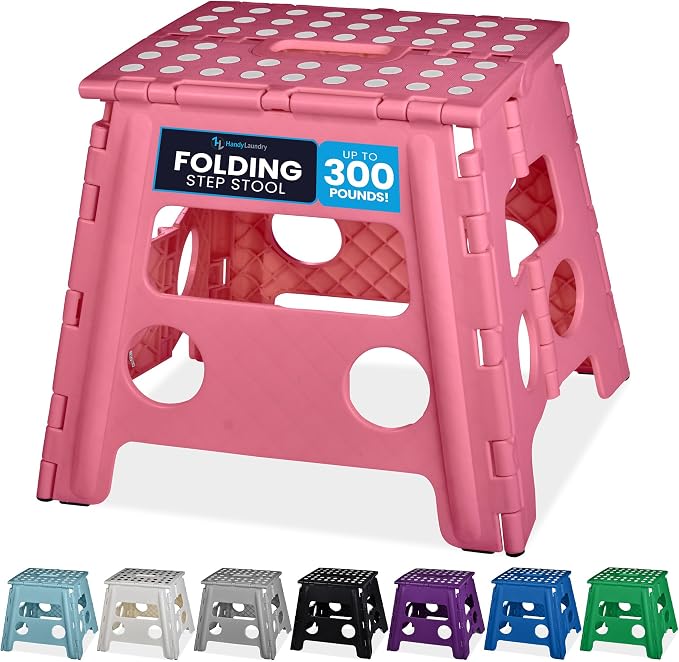 Folding Step Stool 13 Inch for Adults, Non-Slip, Holds Up to 300 lbs - Handy Laundry Foldable Stepping Stool with Handle, Lightweight Collapsible for Kitchen, Bathroom, Bedroom, Pink by Handy+Laundry