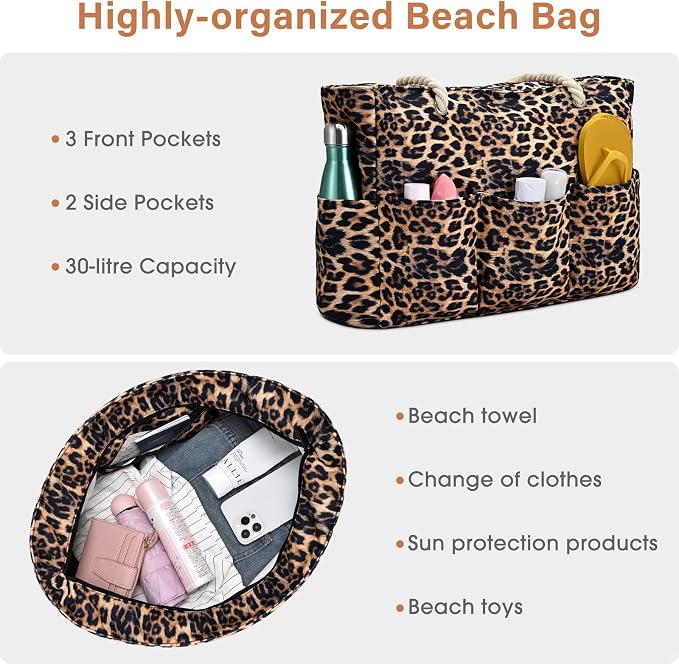 Becokan Beach Bags for Women Canvas Large Beach Tote Bag Zipper Waterproof Sandproof Foldable Swim Pool Bag with 7 Pockets - Image 7