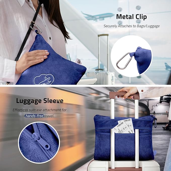 Travel Blanket, Airplane Blanket, Ultra-Soft, Warm & Lightweight, 65x40 in, Outdoor Blanket Essentials for Women, Men & Kids, Included Eye Mask, Luggage Sleeve & Backpack Clip Navy Blue - Image 4