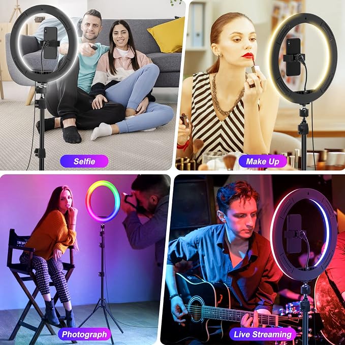 13.3"Ring Light with Music Mode, 75"Tripod and Desk Stand, 2 Phone Holders | Ring Light with Stand/Wireless Remote/3 CCT Mode & 96 RGB Color Modes for TikTok/ iPhone/LiveStream/Makeup/YouTube - Image 7