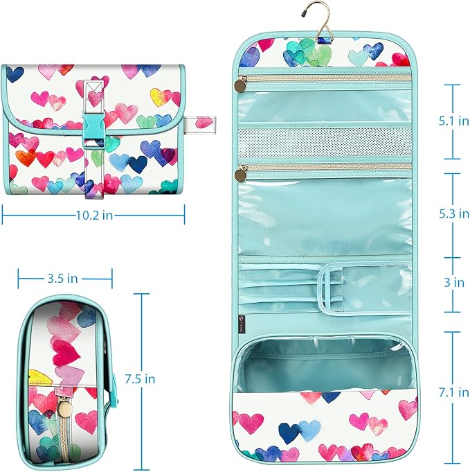 FINTIE Portable Toiletry Cosmetic Travel Bag Hanging Makeup Organizer | Large Water Resistant Storage Pouch Case, For Women Girls, Raining Hearts - Image 7