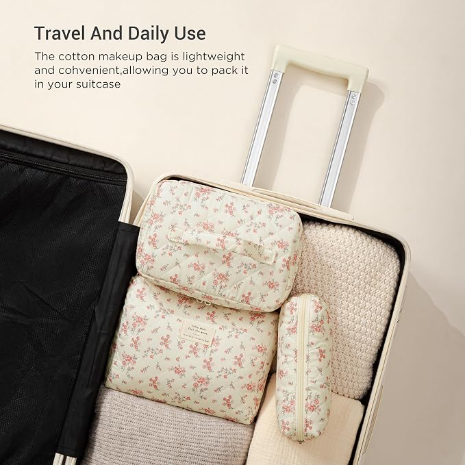 HBselect Quilted Makeup Bag, 3Pcs Cotton Large Travel Makeup Bags Organizer | Cute Floral Make up Bag Cosmetic Bag Toiletry Bag for Women Girls, Makeup Pouch for Skincare, Brushes & Travel Essentials - Image 4