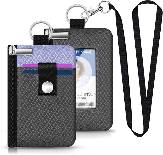 Minimalist RFID Blocking Small Wallet with ID Window,WaterResistant Zip Id Case Wallet with Lanyard Keychain for Cards,Cash,Travel,Women,Men (DarkGrey/Lavender Purple) - Image 6