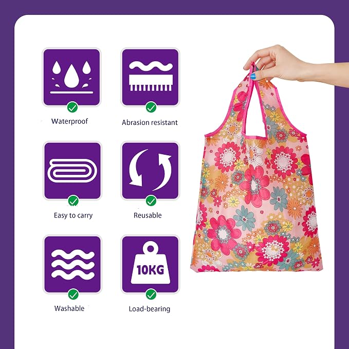 HIQU and HIST 6 Pcs Reusable Shopping Bags, Foldable Grocery Bags in Pocket, Eco-friendly Travel Recycle Shopping Bags,Waterproof and Machine Washable, for Daily Shopping Supplies load - Image 3