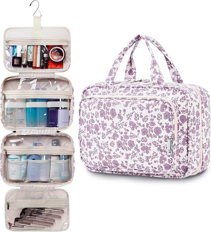 Narwey Travel Toiletry Bag for Women Large Hanging Makeup Bag Organizer Toiletries Bag for Full Size Essentials Accessories Cosmetics (Dusty Pink Flower (Large)) - Image 4
