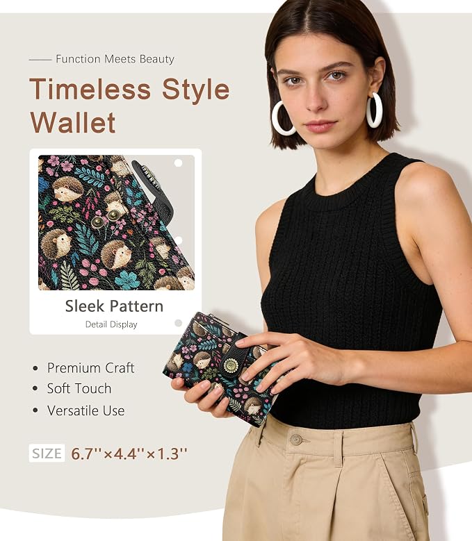 Hedgehog Wallet Women RFID Cute Passport Holder Credit Card Holder | 6.7" x 4.4" x 1.3" Bifold, Travel billfold, Zipper Pocket, PU Leather, Clutch, Purse, ID Window, Pen Holder, Gift Ladies Girl - Image 2