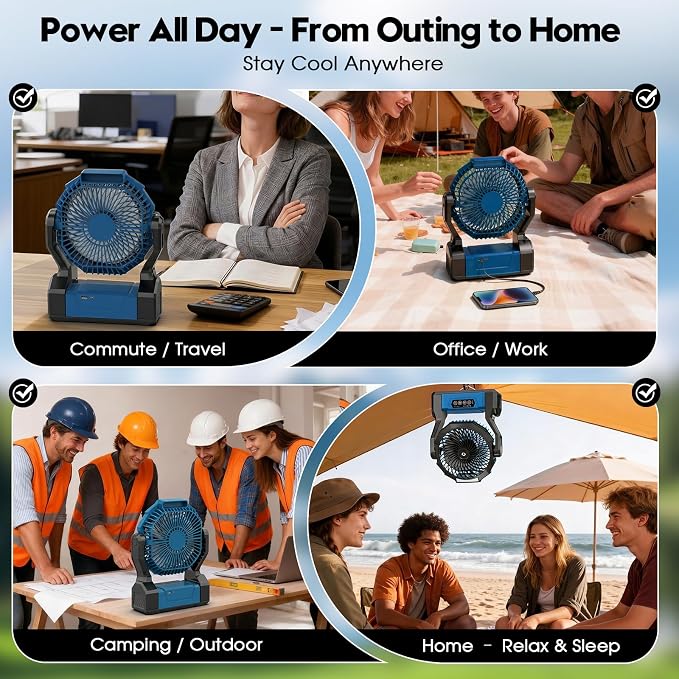 XZK 24000mAh Rechargeable Camping Fan, Battery Powered Portable Travel Fan | 64H Runtime, LED Light, Quiet Desk Fans for Indoor,Outdoor,Fishing,Jobsite & Hurricane Emergency, Gifts for Men Dad Him - Image 6