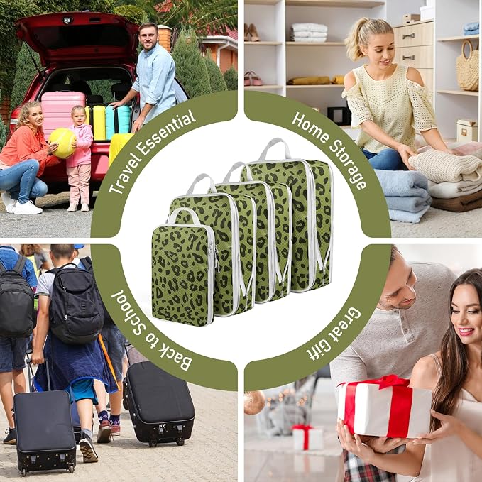 4 Set Compression Packing Cubes For Travel Bags Organizer For Luggage Suitcase Organizer, Compression Bags For Travel Accessories Luggage Storage Set (4 Pcs, Green Leopard) - Image 7
