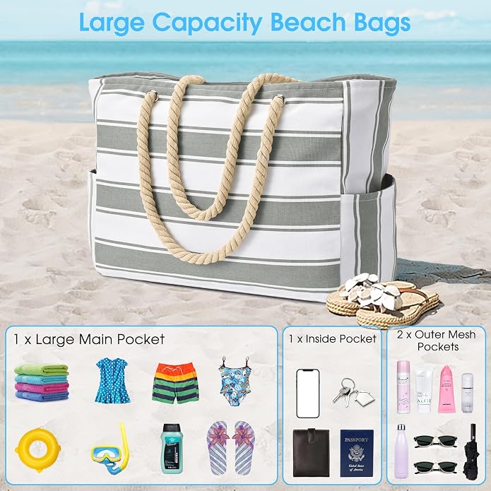 Becokan Beach Bags for Women Large Waterproof Beach Tote Bag Zipper Beach Bags Waterproof Sandproof Swim Pool Bag Large Tote - Image 7