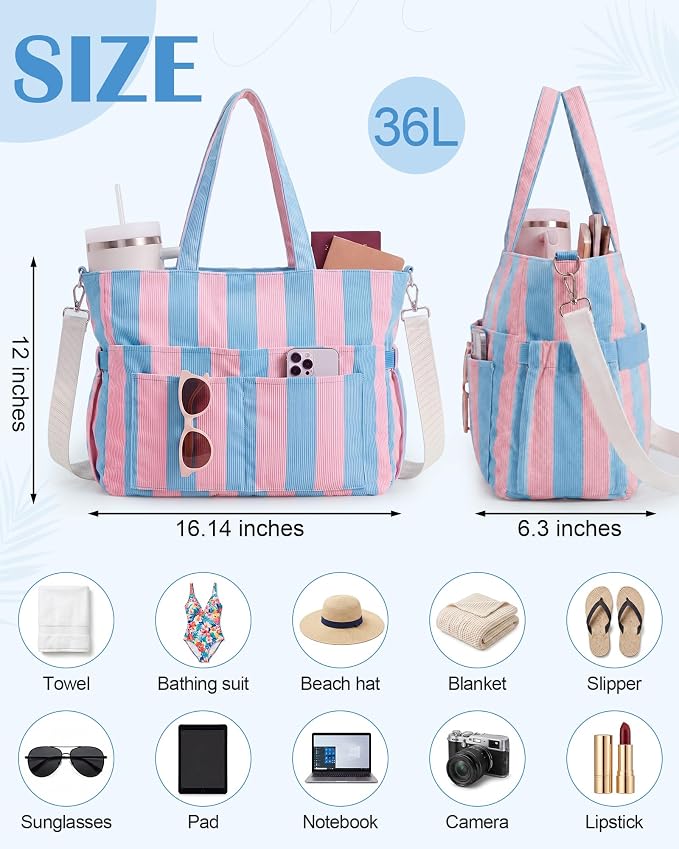Kacctyen Striped Beach Tote Bag for Women Large Beach Foldable Tote Bag with Zipper Pockets for Travel Pool - Image 3