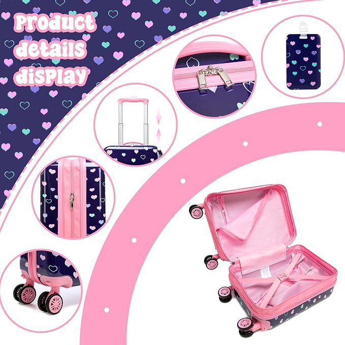 Kid's Luggage Set 5 Piece Suitcase Set 16" Hardside Luggage with Spinner Wheels Girls Carry on Toddler Travel Rolling Suitcase with Neck Pillow Airline Approved - Image 2