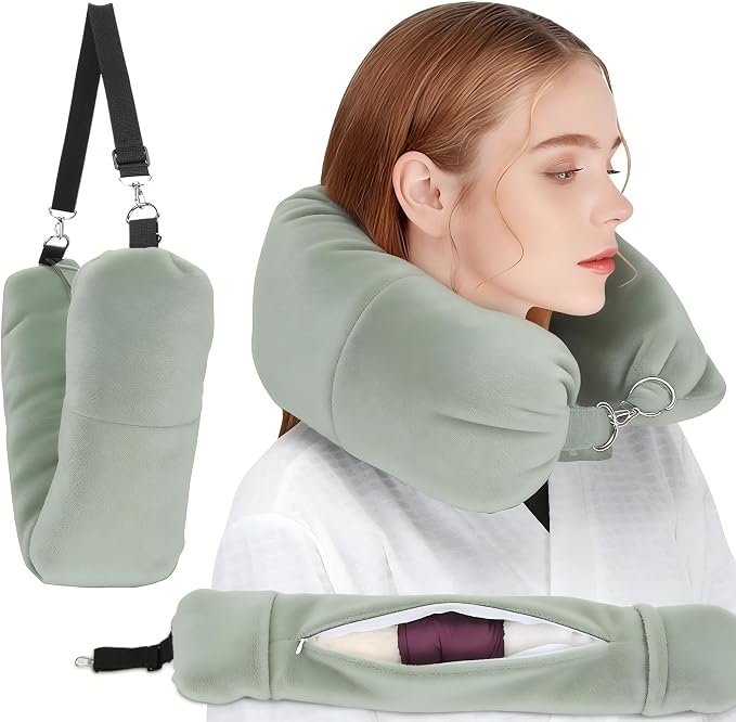 Stuffable Neck Pillow for Travel, Packable Neck Pillow (Sage Green) | Velvet cover, Stuff with clothes to save luggage space, No extra baggage fees, Fits 5+ days travel essentials, Zipper closure by NK+HealthCare