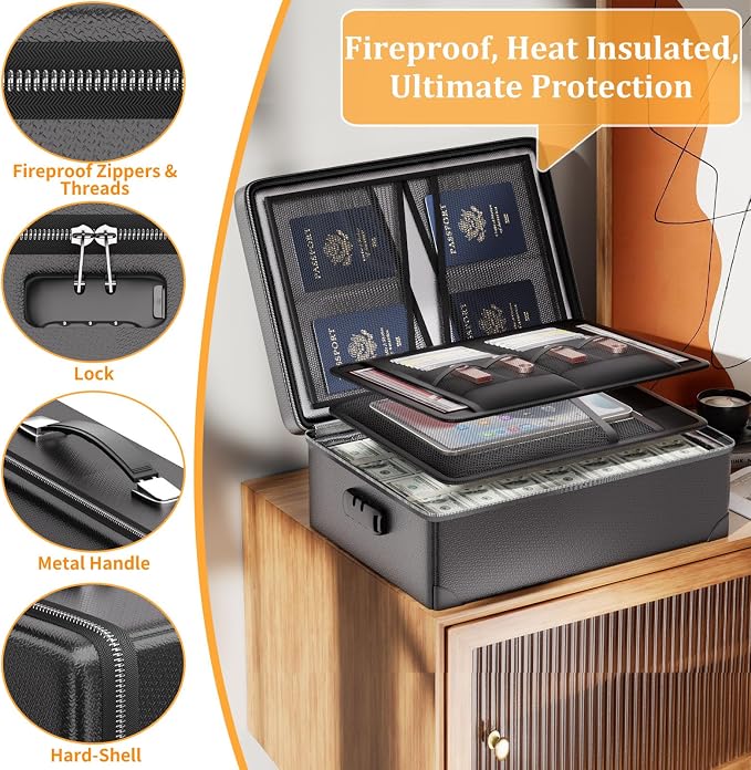 DocSafe Fireproof Document Box with Lock - 12 Layers Heat Insulated, Black | File Organizer Hard Case Safe Box with Fireproof Zipper, Home Safe Protects Important Documents, Passport, Cash - Image 7