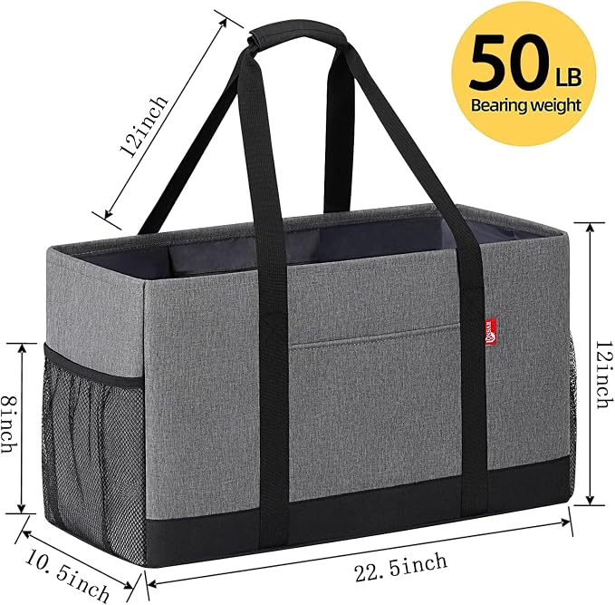 Extra Large Utility Tote Bag, Foldable Reusable Grocery Bags with Metal Wire Frame & Reinforced Bottom Board, Stand Up Large Utility Tote for Shopping, Beach Bag, Laundry, Car (Grey) - Image 4