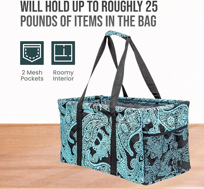 Extra Large Utility Tote Bag - Oversized Collapsible Reusable Wire Frame Rectangular Canvas Basket With Two Exterior Pockets For Beach, Pool, Laundry, Car Trunk, Storage - Paisley Blue - Image 5