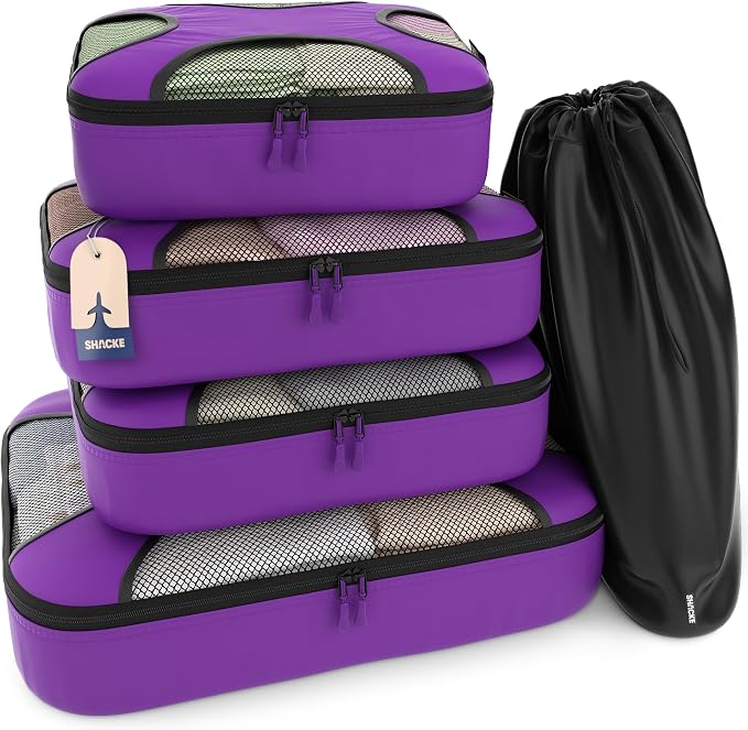 Shacke 5 Set Packing Cubes for Travel with Laundry Bag (Orchid Purple) | Suitcase organizer bags set: 4 water-resistant luggage cubes, XL to Small, + laundry bag for carry-on or checked by Shacke