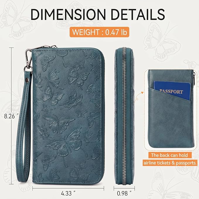 BELTANA Wallet Women RFID Blocking Large Capacity Wristlet Wallets for Women Butterfly Embossed Vegan Leather Clutch Purses with Card & Passport Holder (Peacock-Blue-Butterfly) - Image 3