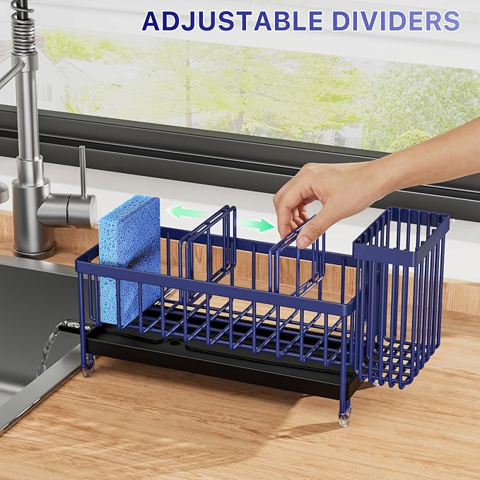 Cisily Sponge Holder for Kitchen Sink, Sink Caddy Organizer with High Brush Holder, Kitchen Countertop Organizers and Storage Essentials, Rustproof 304 Stainless Steel (Navy Blue, 9.25″) - Image 4