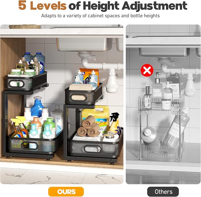 2 Pack 15.7IN-Depth Under Sink Organizer With Smooth Cylindrical Rail,2-Tier Pull Out Multi-Purpose Cabinet Storage for Bathroom&Kitchen,Height Adjustable,Rust-resistant Coating-Black - Image 8