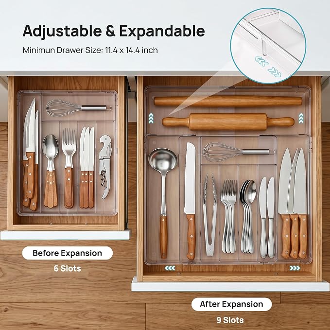 Vtopmart Expandable Silverware Organizer, Kitchen Drawer Tray, 6-9 Slots | Adjustable Flatware Organizer Expands to Fit Drawers, Organize Spoons, Forks, Knives and Kitchen Utensils with Easy Access - Image 4