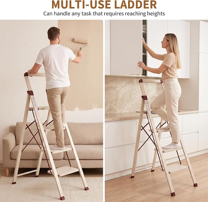 Step Ladder 4-Step White Finish Folding Ladders | Anti-slip Sturdy Foldable Ladder Step Stool for Kitchen Home Office Libaray - Image 6