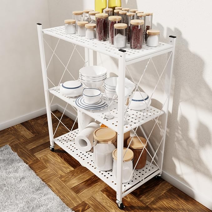 3 Tier Foldable Storage Shelf with Wheels Heavy Duty Garage Shelving | Unit Loads 550 LBS, Metal Steel Collapsible Shelves, Rolling Standing Utility Rack for Kitchen, Pantry, Office, White - Image 2