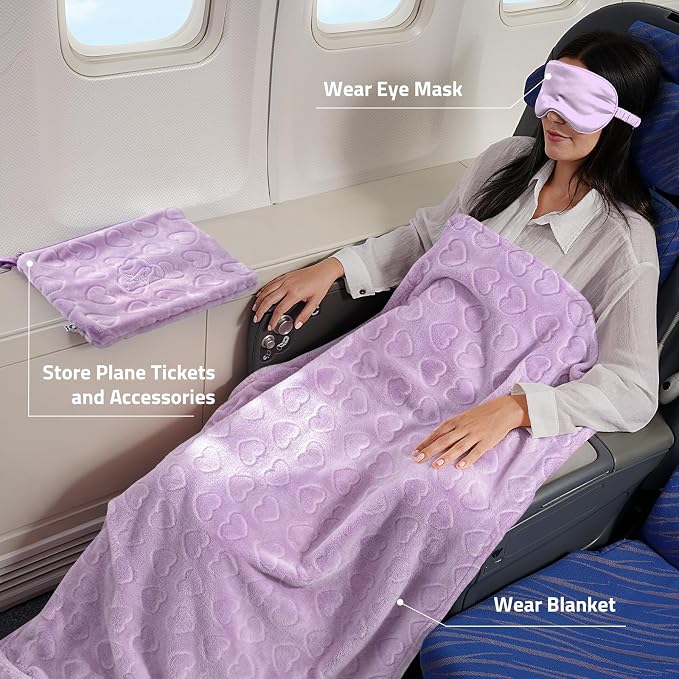Travel Blanket, Airplane Blanket, Ultra-Soft, Warm & Lightweight, 65x40 in, Outdoor Blanket Essentials for Women, Men & Kids, Included Eye Mask, Luggage Sleeve & Backpack Clip Heart Purple - Image 2