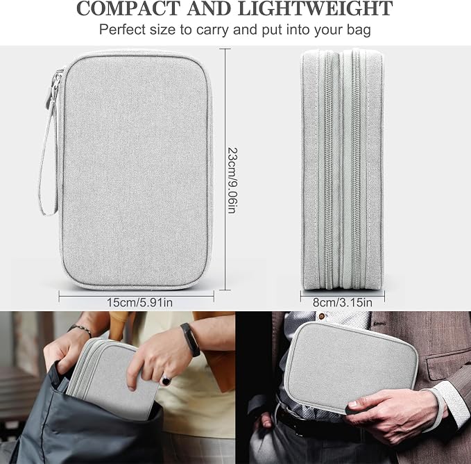 FYY Electronic Organizer, Travel Tech Pouch Bag, Large, Grey | Wrist Strap, Waterproof, Double Layers Portable Electronics Travel Carrying Case for Cord, Charger, Daily Business Trips Use - Image 2