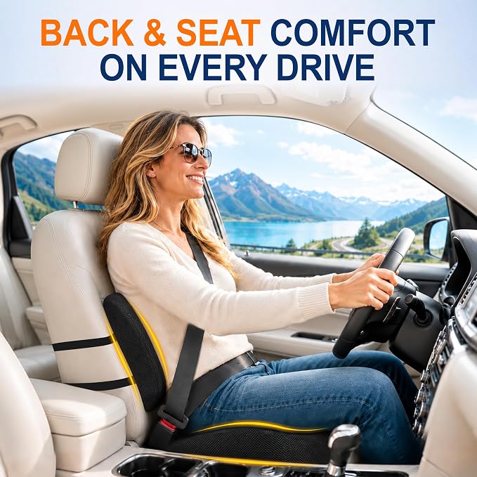 Allaboutsla Car Seat Cushion and Lumbar Back Support Pillow Set for Driving | Memory Foam Car Seat Cushions, Back Support for Car, Car Cushion for Height, Pressure Relief for Trucks, Office Chairs, Black - Image 3