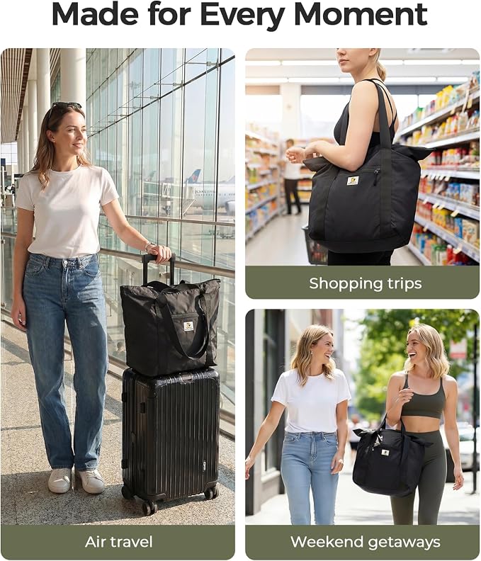 Foldable Travel Bag, 26L Duffle Bag for Travel, Expandable Second Carry-On Bag for Travel & Shopping, Water-Resistant Personal Item Bag, Black - Image 6