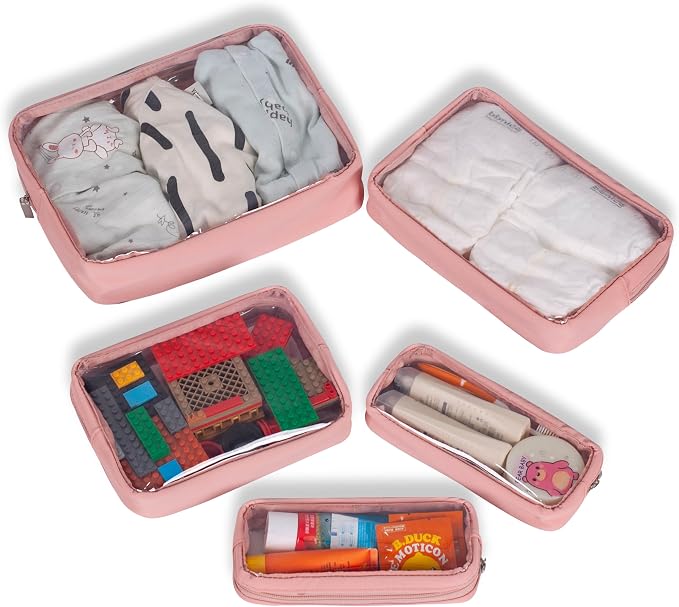 Remobia Hicol TSA Approved 5-Piece Diaper Bag Organizer Pouch Set Clear Waterproof TPU Kids Toiletry Storage Set Travel Packing Clutch Cube Bags for Baby Nursing (Pink Leather) - Image 6
