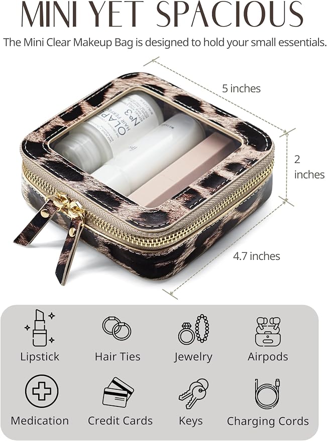 Small Makeup Bag for Purse Accessories Women Clear Cosmetic Mini Pouch Car Essentials Bag Leopard Print Clear Leather Make Up Travel Bag Organizer with Zipper Cute Compact Cheetah Little Toiletry Bag - Image 6