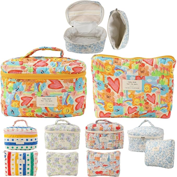 Fcteap Makeup Bag Travel Essentials Quilted Cosmetic Toiletry Pouch Organizer Insert for Women Dorm Room Essential Gift Large Capacity Opening Lightweight Cute Aesthetic Portable 2PCS (Heart) by Fcteap