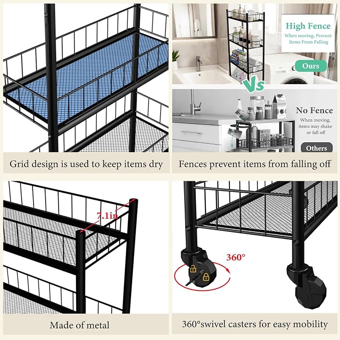 Utility Slim Storage Cart 6 Tier Narrow Metal Frame Carts | 6 Tier Narrow Kitchen Storage Cart,Laundry Room Carts, for Kitchen,DiningRoom,Living Room,Home Office,Classic Black - Image 5