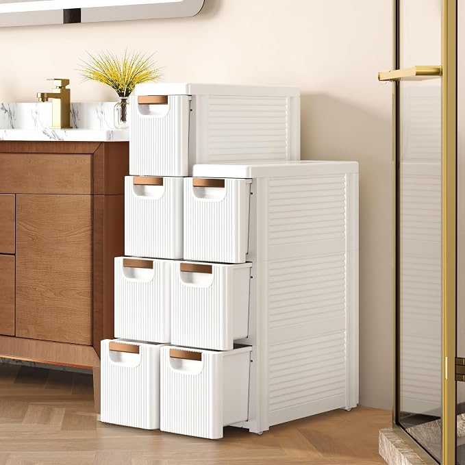 VECELO 4-Drawer Narrow Bathroom Storage Cabinet, Mobile Plastic Slim Rolling Organizer Cart with Built-in 4 Wheels for Living Room, Kitchen, Bathroom, Bedroom, Office, White(16.5" x 7.5" x 28.9") - Image 2