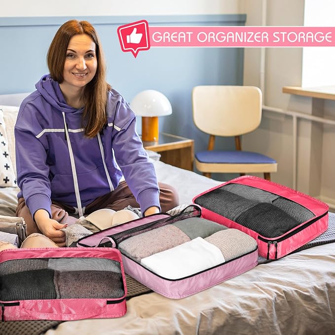 5 Pcs Packing Cubes for Suitcase Large Travel Cubes Carry on Luggage Organizer Bags for Clothes Accessories(M,Pink) - Image 5