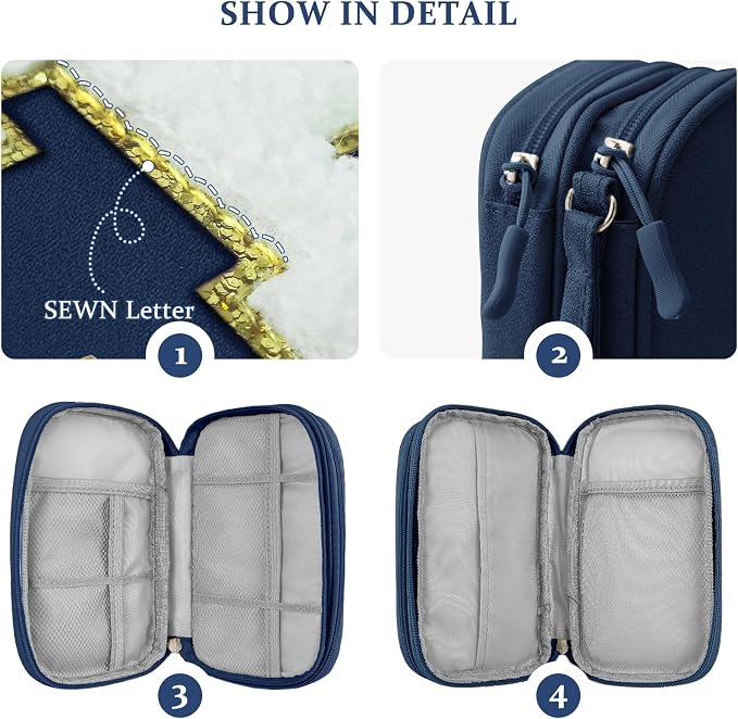 COSHAYSOO Small Electronics Organizer Bag with Chenille Letter Patch for Women Travel Gift, Cord Charger Cable Traveling Accessory Pouch Essential Supply Storage Case (Navy Blue) - Image 3