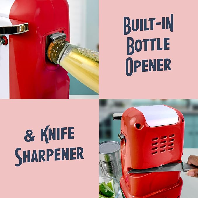 Nostalgia Retro Electric Can Opener for Kitchen with Magnetic Lid Remover, Knife Sharpener, and Soda or Beer Bottle Opener, Red - Image 4