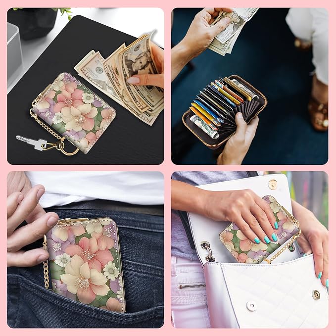 Blusabaca RFID Credit Card Holder Small Women Travel Wallet, Flower Floral | Removable Keychain, Case with Zipper, Vegan PU Leather, Cash Coin Pocket, Business Accordion Purse, Ladies Female Gift - Image 3