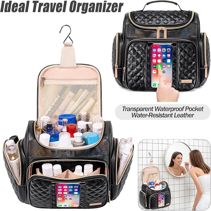 Large Leather Toiletry Bag for Women Men,Bathroom Bag,Water Resistant Shower Bag,Makeup Bag,Portable Shower Caddy for College Dorm,Hanging Travel Toiletry Bag with Transparent Waterproof Phone Pocket - Image 2