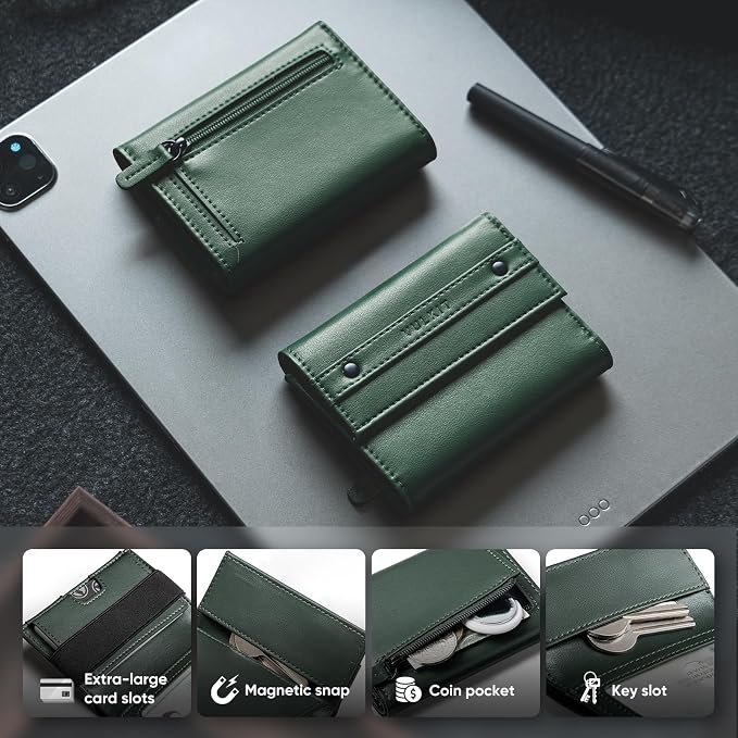 VULKIT Mens Wallet RFID Blocking Leather Compact Trifold with Zippered Coin Pocket, ID Window and Business Card Holder Green - Image 5
