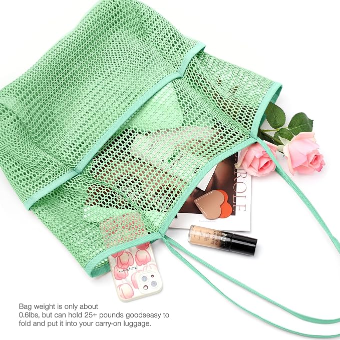 KPX Beach Bag with Mini Pocket, Summer Beach Tote Bags for Women Large Foldable Mesh Swimming Pool Travel Bags - Sandproof - Image 6