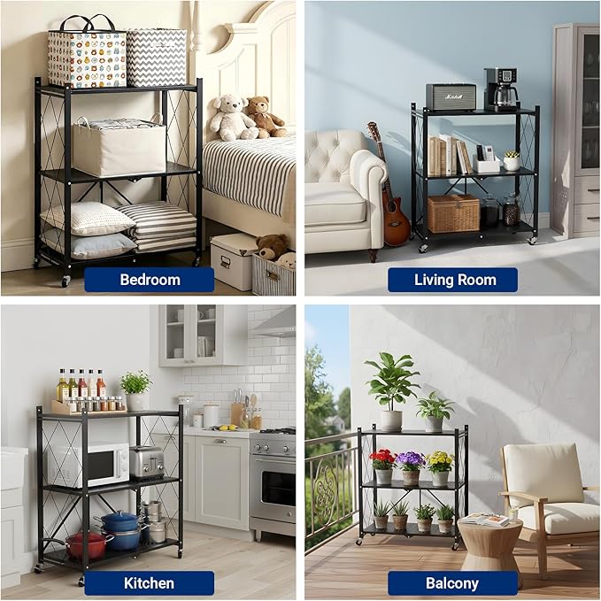 3 Tier Foldable Storage Shelves with Wheels, Metal Collapsible Organization Storage Rack, No Assembly Folding Bookshelf, Rolling Storage Rack for Kitchen, Bedroom, Pantry, Garage, Display, Black - Image 6