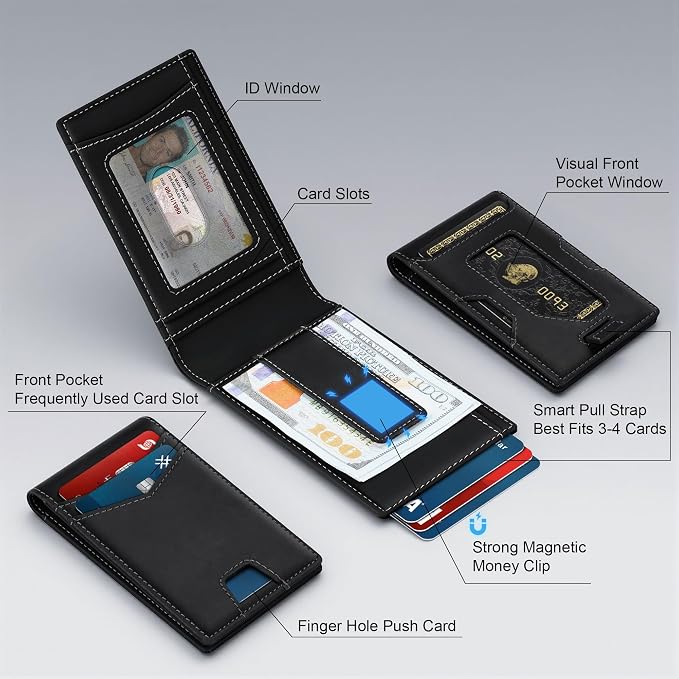 Slim Genuine Leather Wallet: Thin RFID Wallet 12+ Card Hold | Top Grain Leather Wallet with Magnetic Money Clip Inside - Minimalist Front Pocket Wallets - Gifts for Men with Gift Box - Image 2
