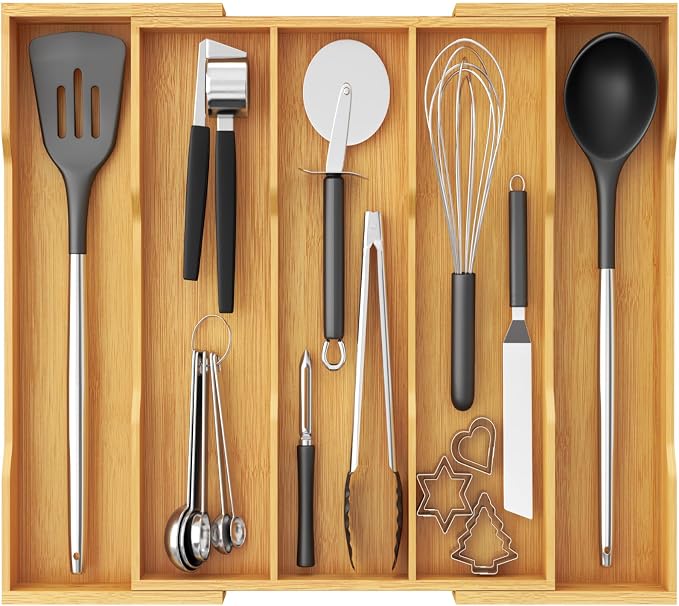 Lifewit Bamboo Utensil Organizer for Kitchen Drawer, Cooking Utensil Tray | Expandable Cutlery Silverware Flatware Holder, Wood Adjustable Spatula Tools Storage Divider, 12.6-22.8 x 14", Natural by Lifewit